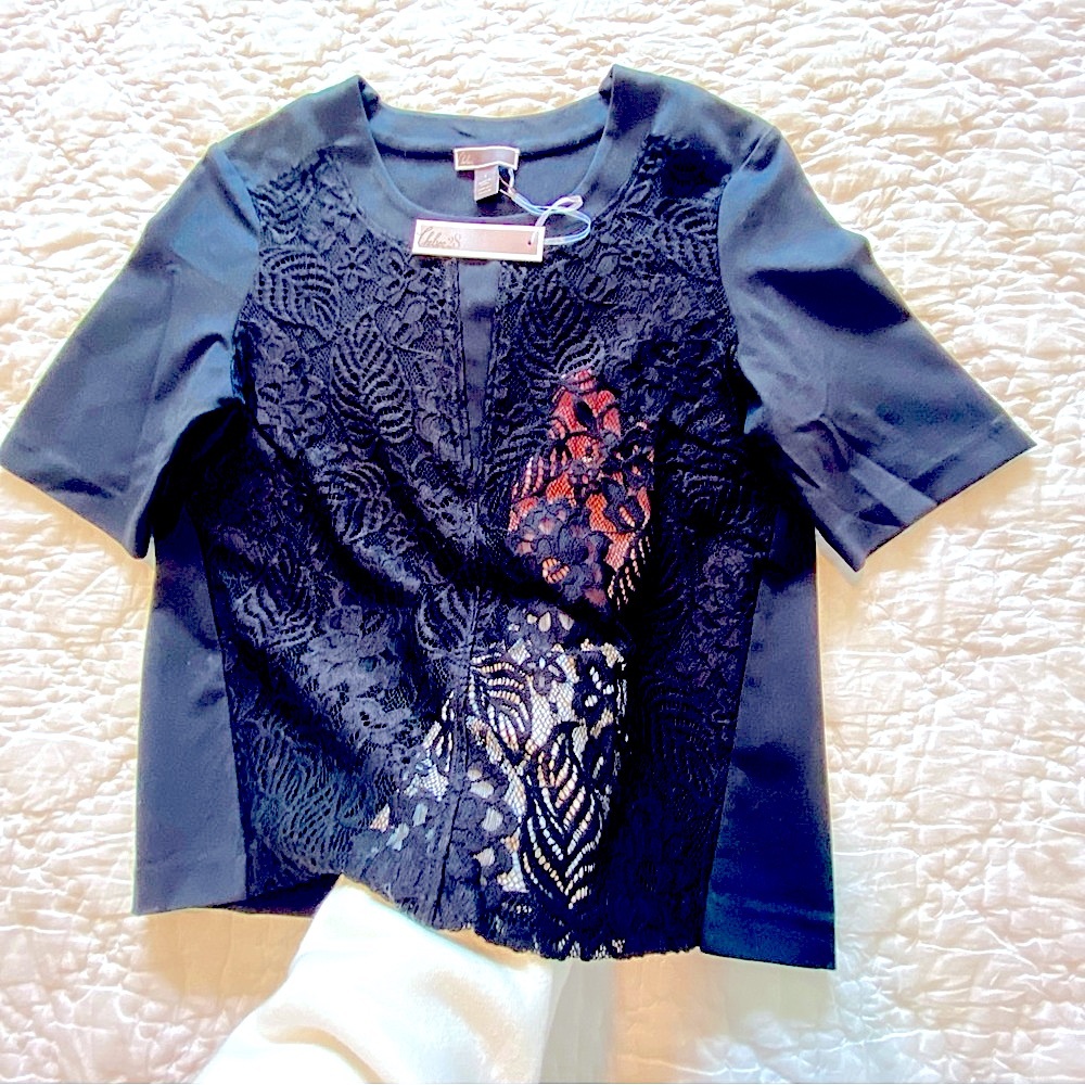 NWT CHELSEA28 Small Black Lace Front Elbow Sleeve Top Blouse Crewneck Dressy